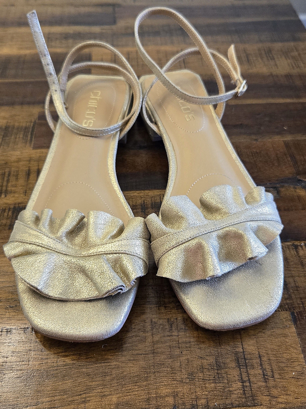 Chico's Gold Ruffle Ankle-Strap Sandals, Sz 8